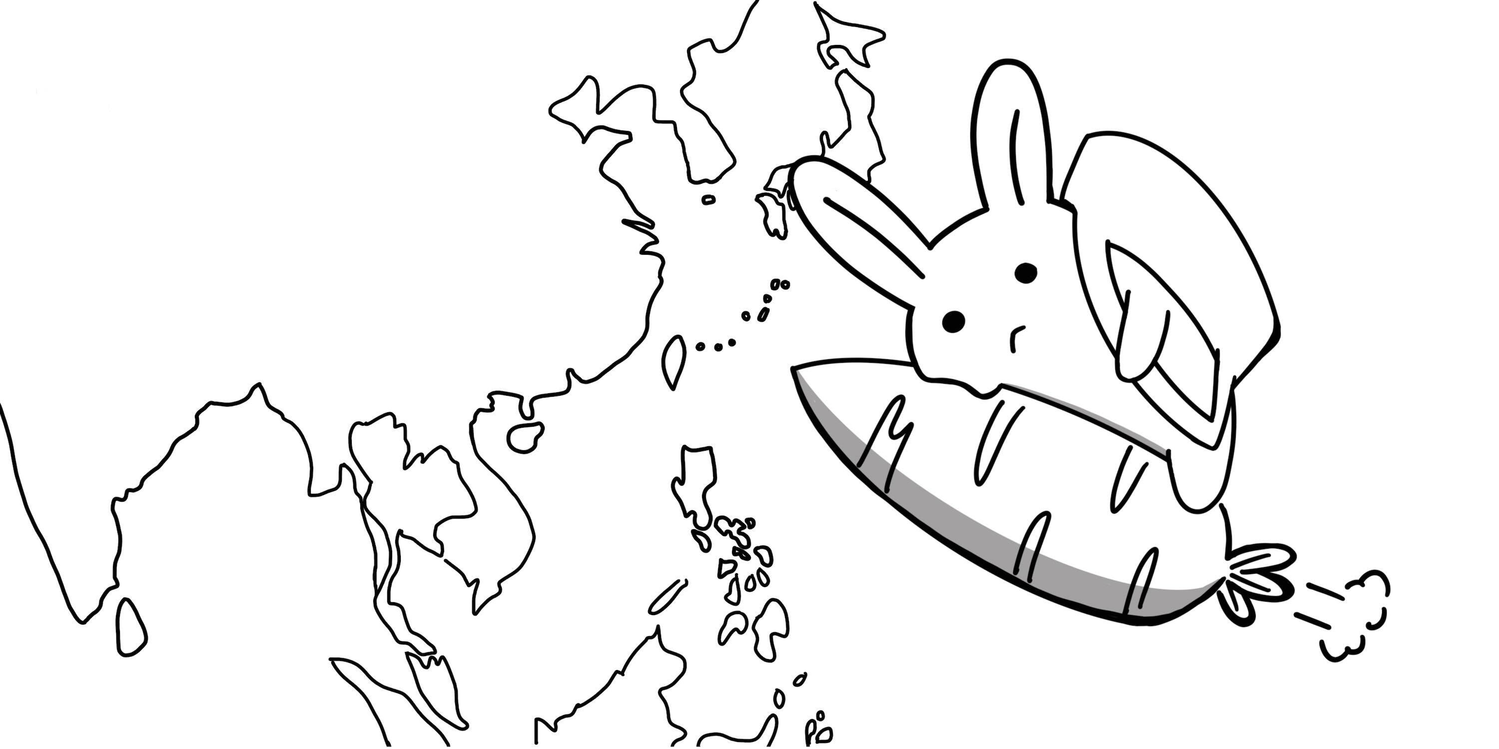A cartoon rabbit riding a carrot rocket across Asia. Meant to represent Napat's rich international experience